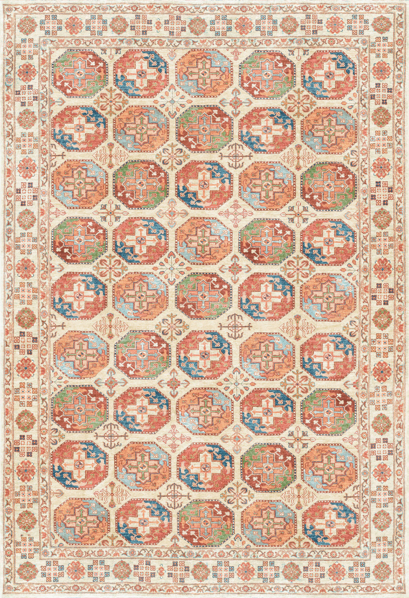 Lindorug Vintage-Teppich Living Bathian Creme, Terracotta, Graublau 130x190 cm