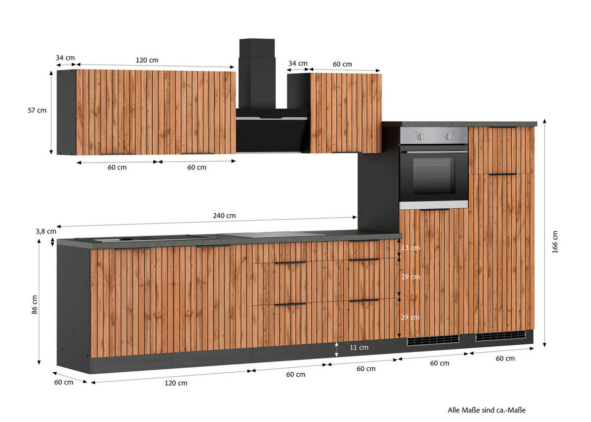 KÜCHENBLOCK 360 cm   in Graphitfarben, Eiche Wotan  - Schieferfarben/Eiche Wotan, Basics, Holzwerkstoff/Metall (360cm) - Held