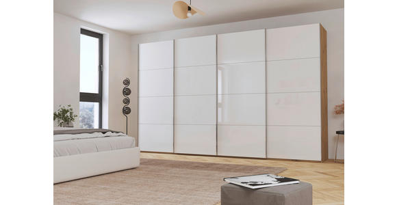 SCHWEBETÜRENSCHRANK  in Weiß, Eiche Artisan  - Chromfarben/Weiß, Design, Glas/Holzwerkstoff (361/223/68cm) - Novel