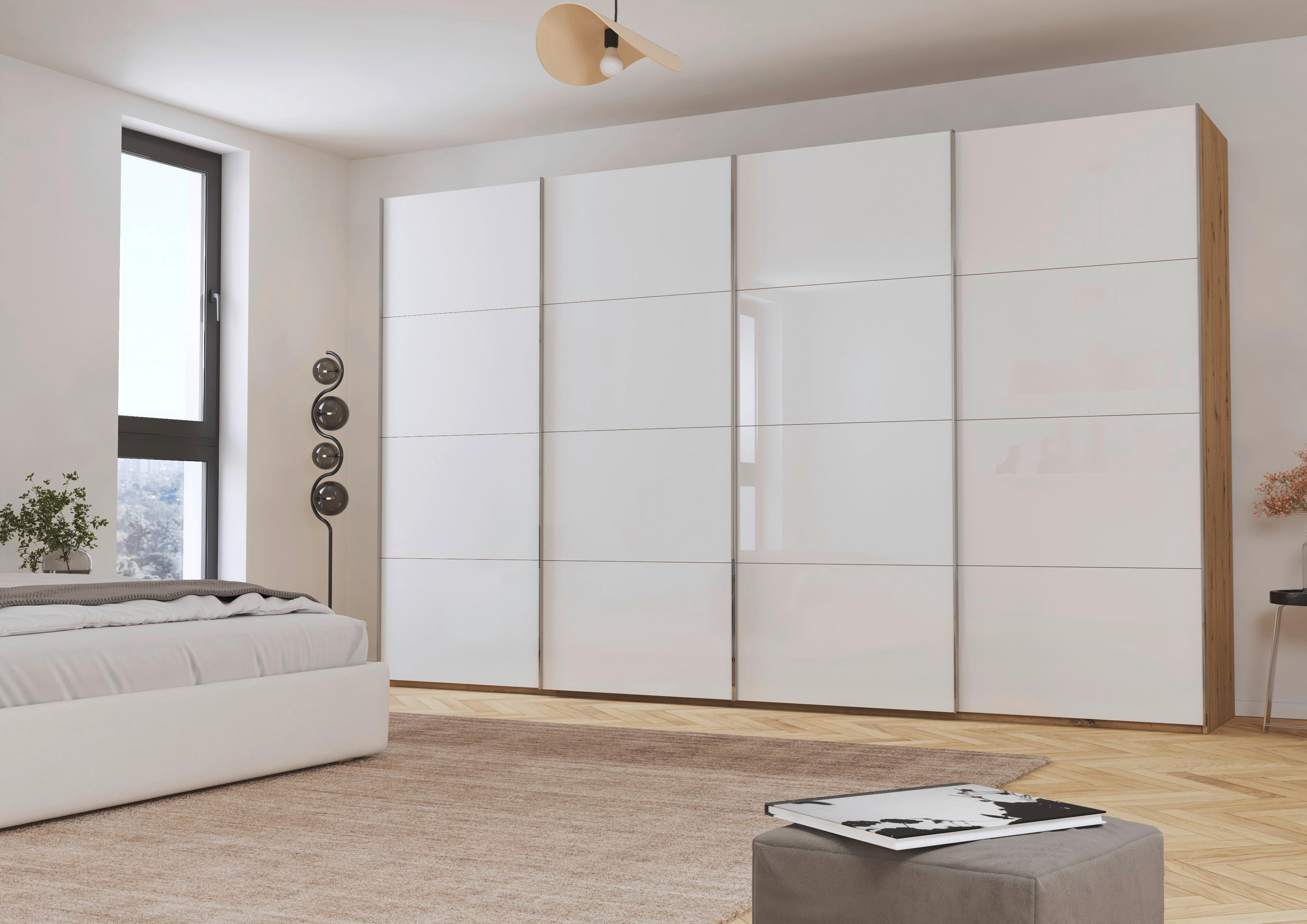 SCHWEBETÜRENSCHRANK 361/223/68 cm 4-türig Weiß, Eiche Artisan  - Chromfarben/Weiß, Design, Glas/Holzwerkstoff (361/223/68cm) - Novel