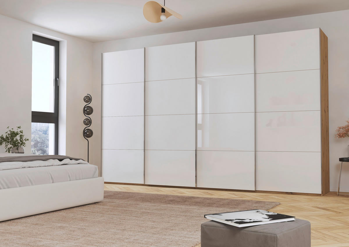 SCHWEBETÜRENSCHRANK 361/223/68 cm 4-türig Weiß, Eiche Artisan  - Chromfarben/Weiß, Design, Glas/Holzwerkstoff (361/223/68cm) - Novel