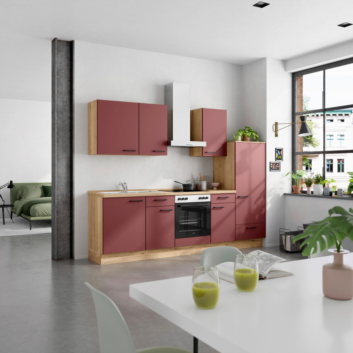 KÜCHENLEERBLOCK 270 cm   in Rot, Eichefarben  - Eichefarben/Rot, MODERN, Holzwerkstoff/Metall (270cm) - Nobilia