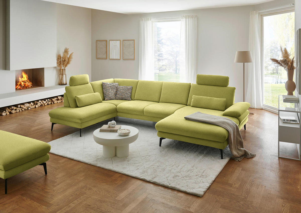 WOHNLANDSCHAFT  in Chenille, Flachgewebe Hellgrün  - Schwarz/Hellgrün, Design, Textil/Metall (208/344/180cm) - Dieter Knoll