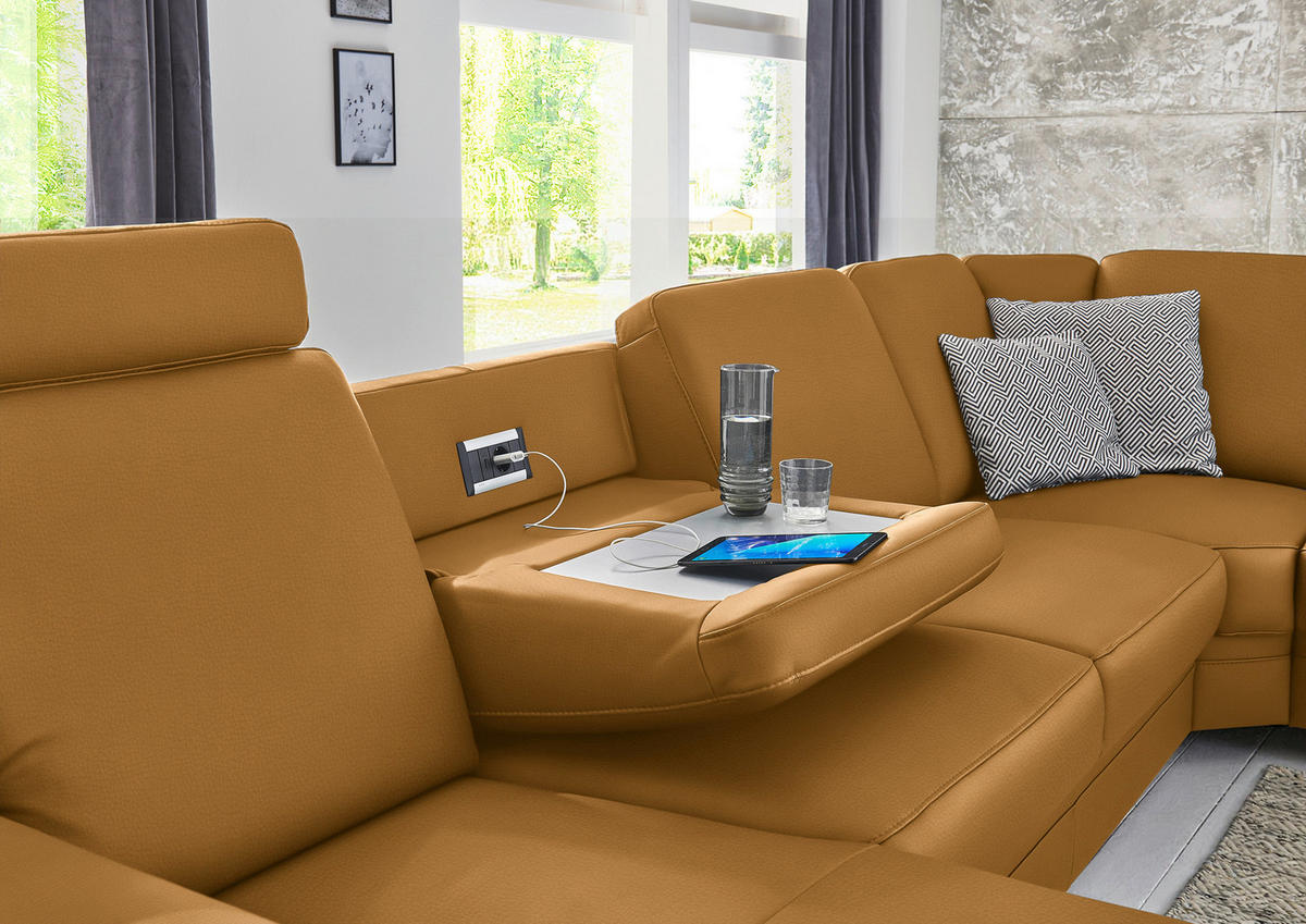 WOHNLANDSCHAFT Echtleder Senfgelb  - Senfgelb/Alufarben, Konventionell, Leder/Metall (165/329/239cm) - Beldomo Premium