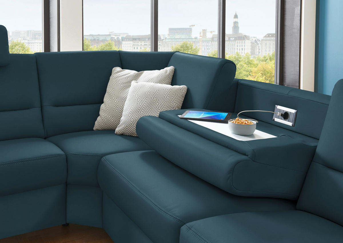 ECKSOFA in Echtleder Blau  - Blau/Alufarben, Basics, Leder/Metall (249/290cm) - Beldomo Premium