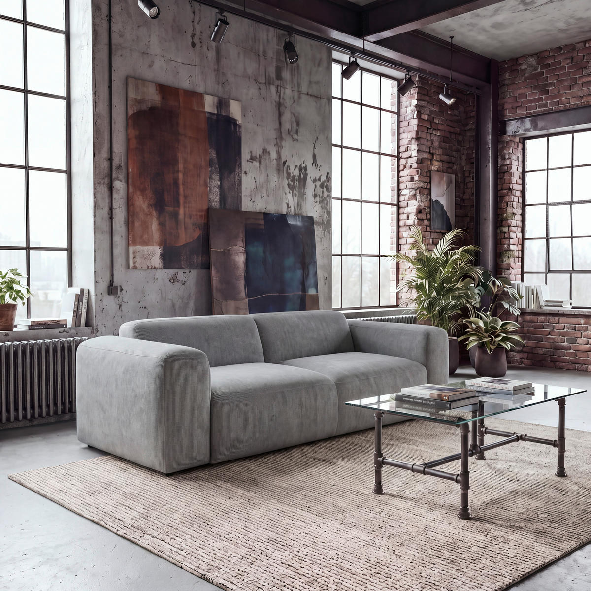 3-SITZER-SOFA HANNAH Cord Hellgrau  - Hellgrau/Schwarz, Design, Kunststoff/Textil (247/75/104cm) - MID.YOU