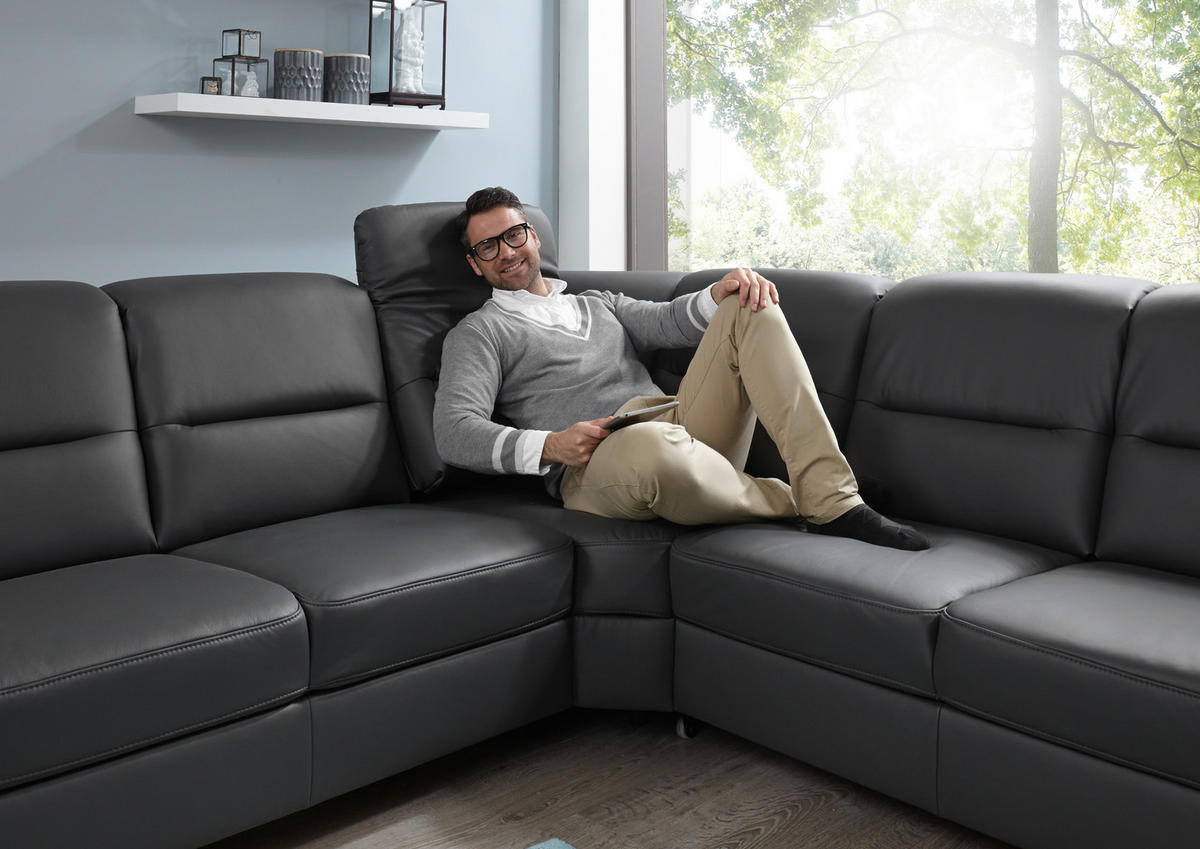 ECKSOFA BELDOMO premium Anthrazit Echtleder  - Anthrazit/Schwarz, KONVENTIONELL, Leder/Holz (245/303cm) - Beldomo Premium