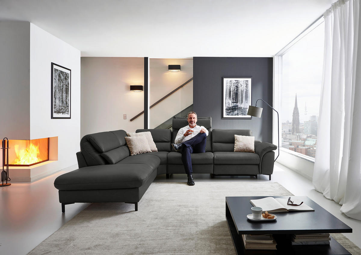 ECKSOFA Valdera Schwarz Echtleder  - Schwarz, Design, Leder/Metall (246/280cm) - Hukla