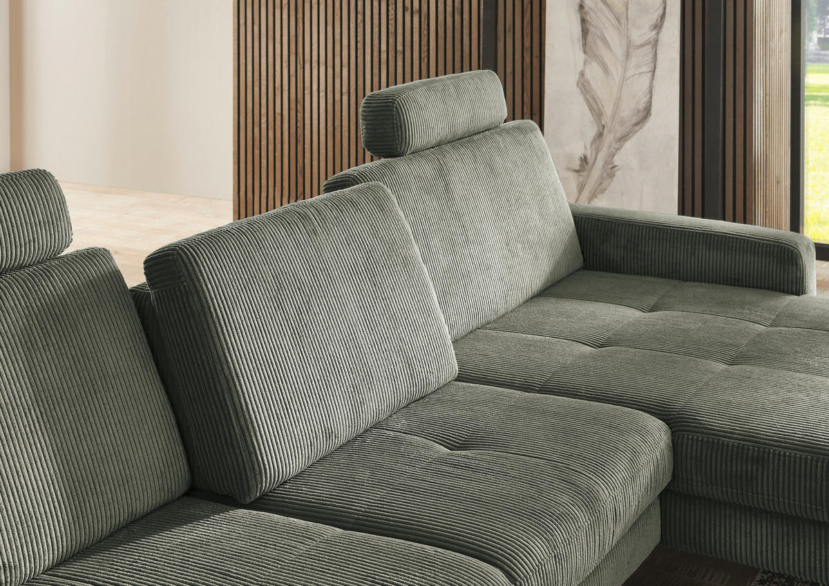 ECKSOFA in Cord Olivgrün  - Schwarz/Olivgrün, Modern, Textil/Metall (302/177cm) - Beldomo Style