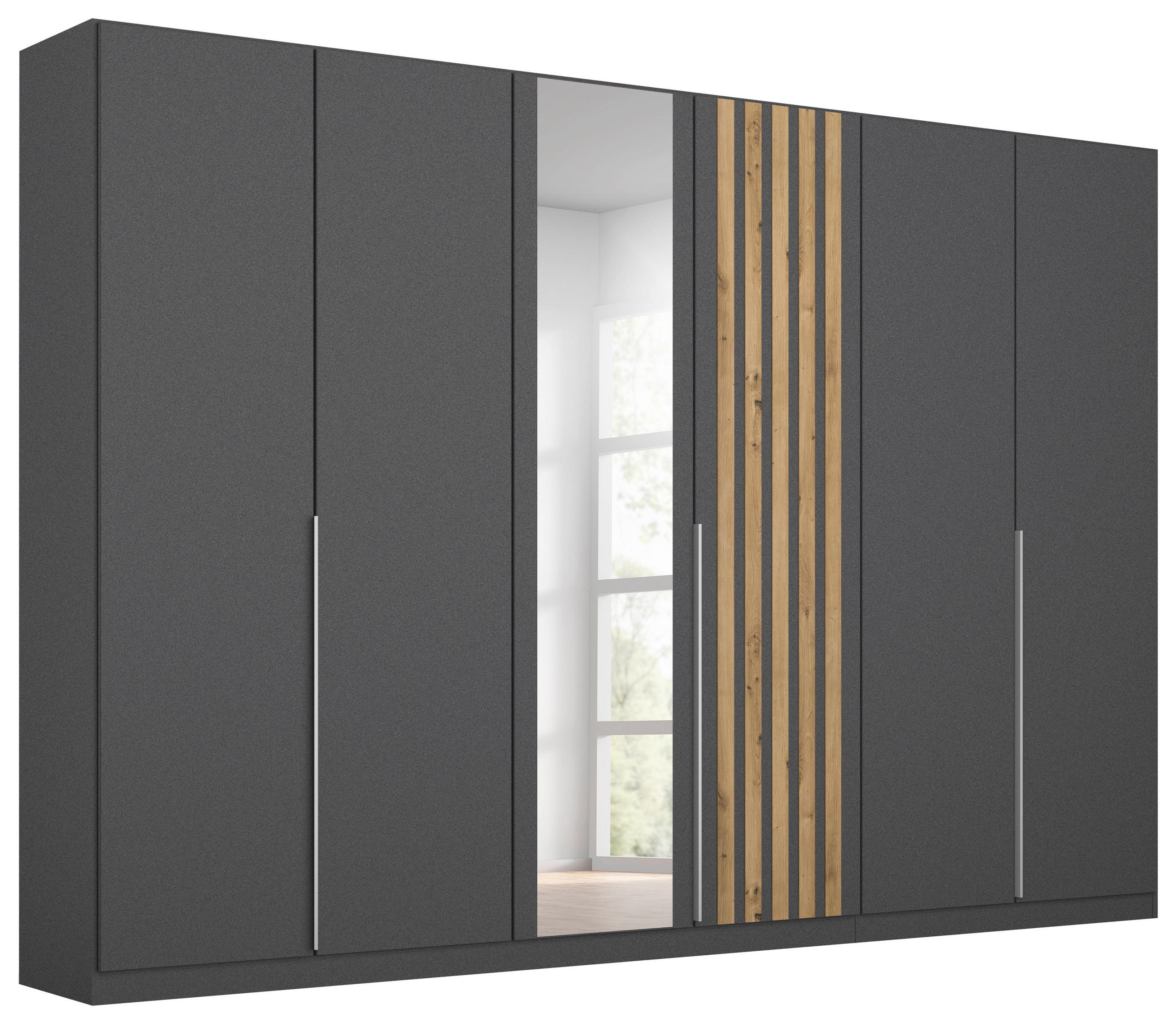 Drehtürenschrank 271 cm Lamella Grau/Eiche Dekor