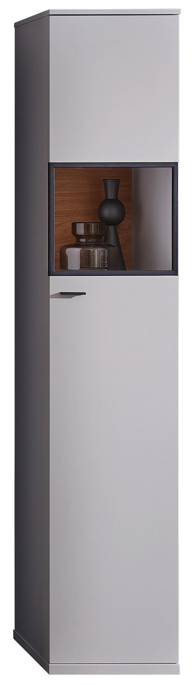 Vitrine in Graphitfarben, Eichefarben, Hellgrau