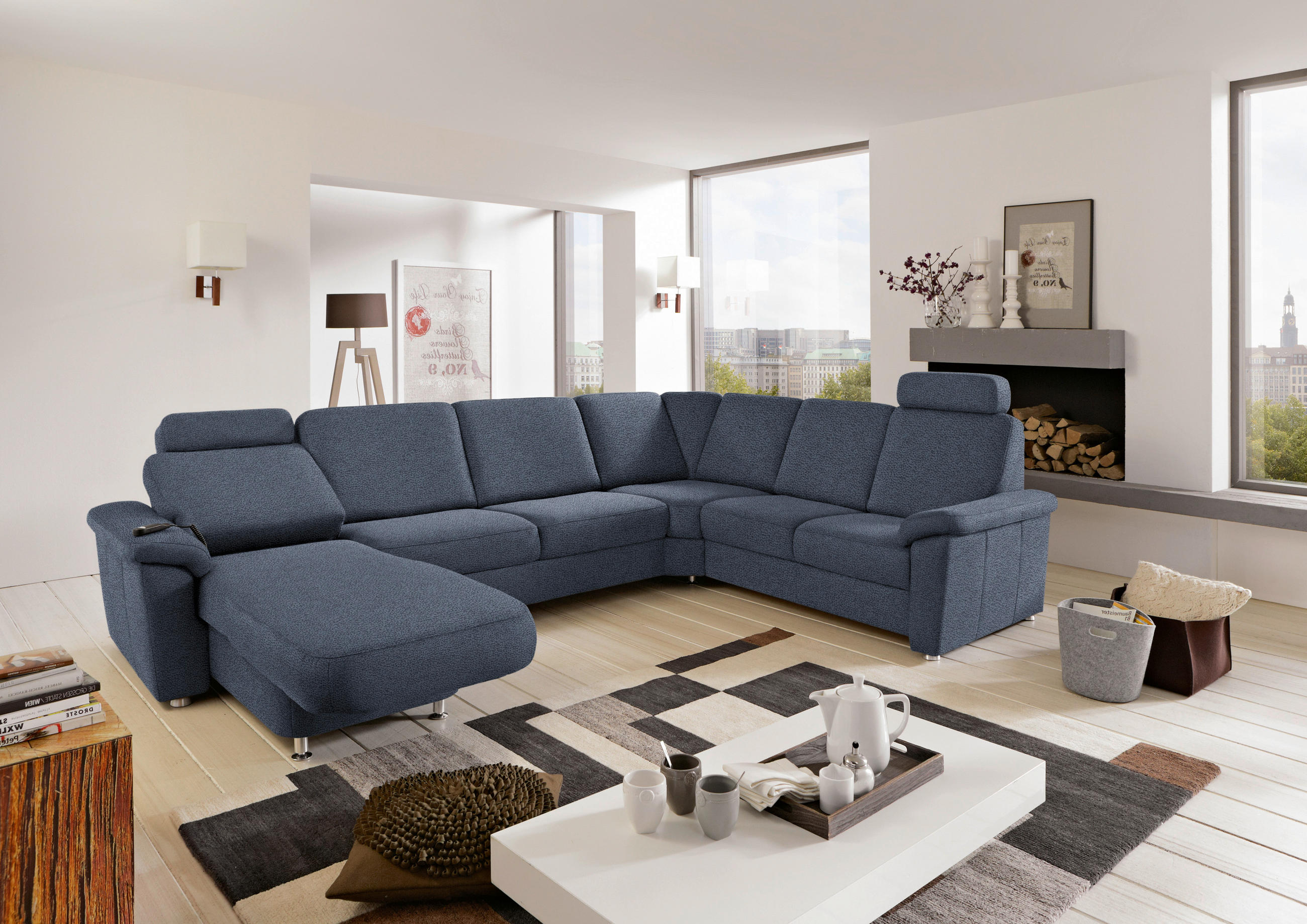 WOHNLANDSCHAFT Blau Flachgewebe  - Chromfarben/Blau, KONVENTIONELL, Textil/Metall (163/330/240cm) - Beldomo System