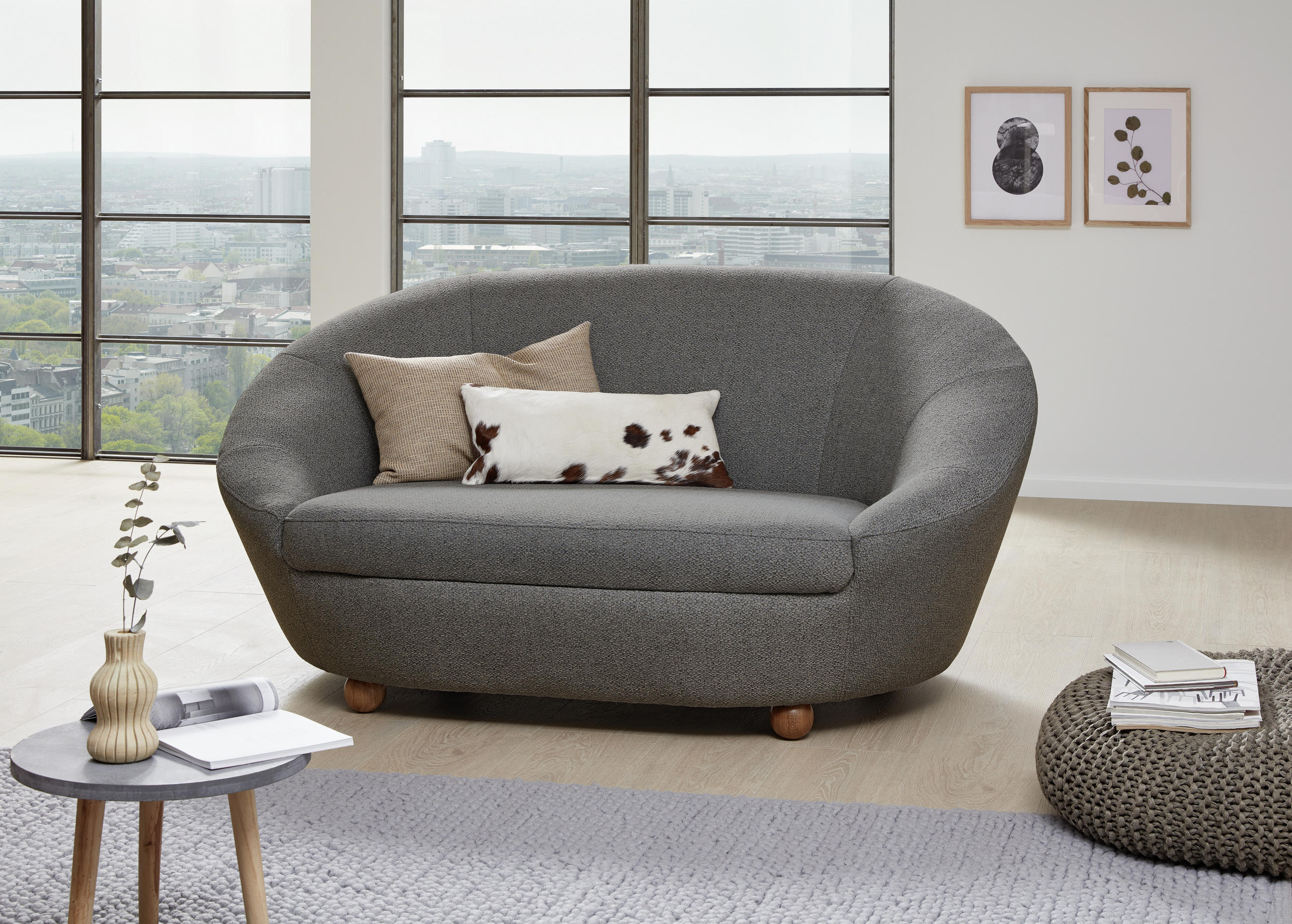 2-SITZER-SOFA in Webstoff Blau, Grau  - Blau/Eichefarben, Design, Holz/Textil (178/82/114cm) - LOOKS by W.Joop