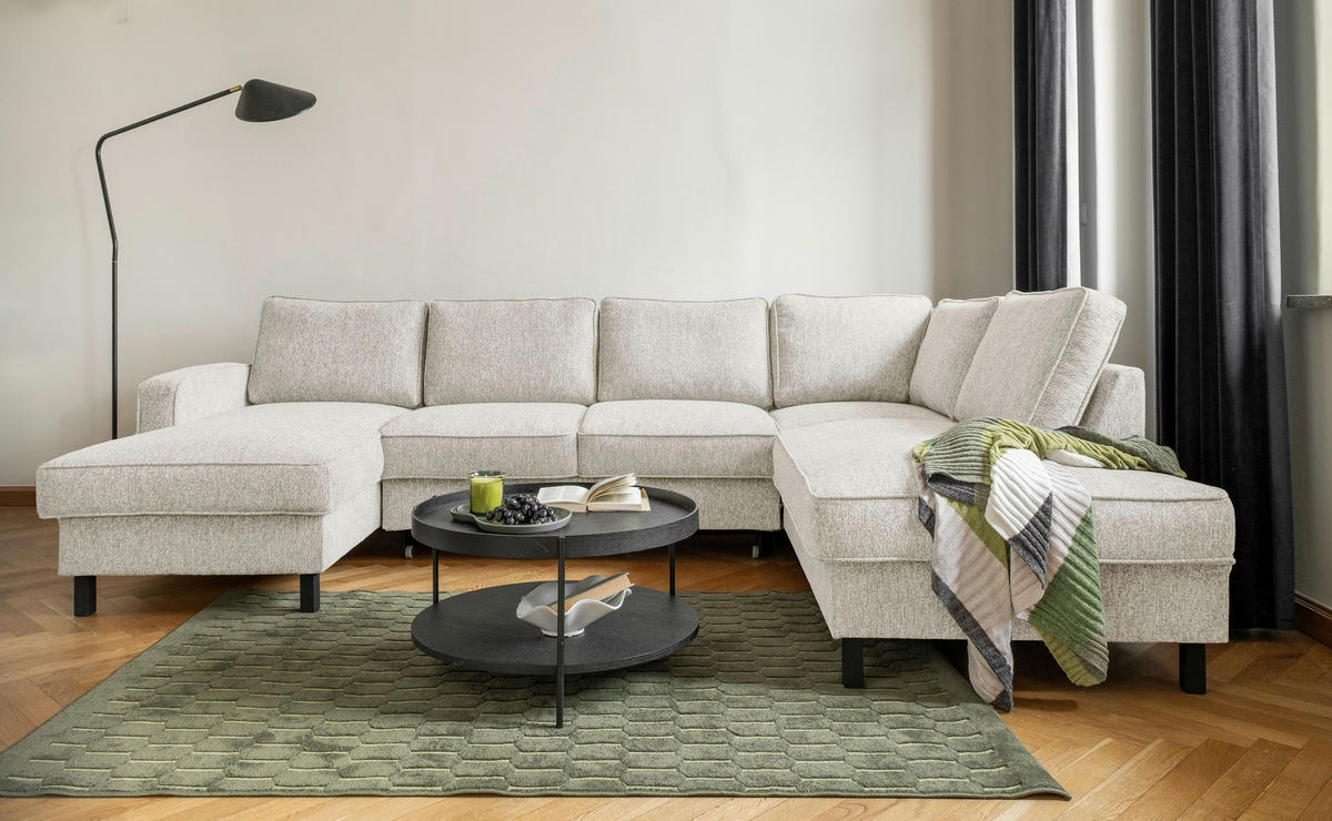 WOHNLANDSCHAFT in Struktur Beige  - Beige/Schwarz, Holz/Textil (148/298/198cm) - MID.YOU