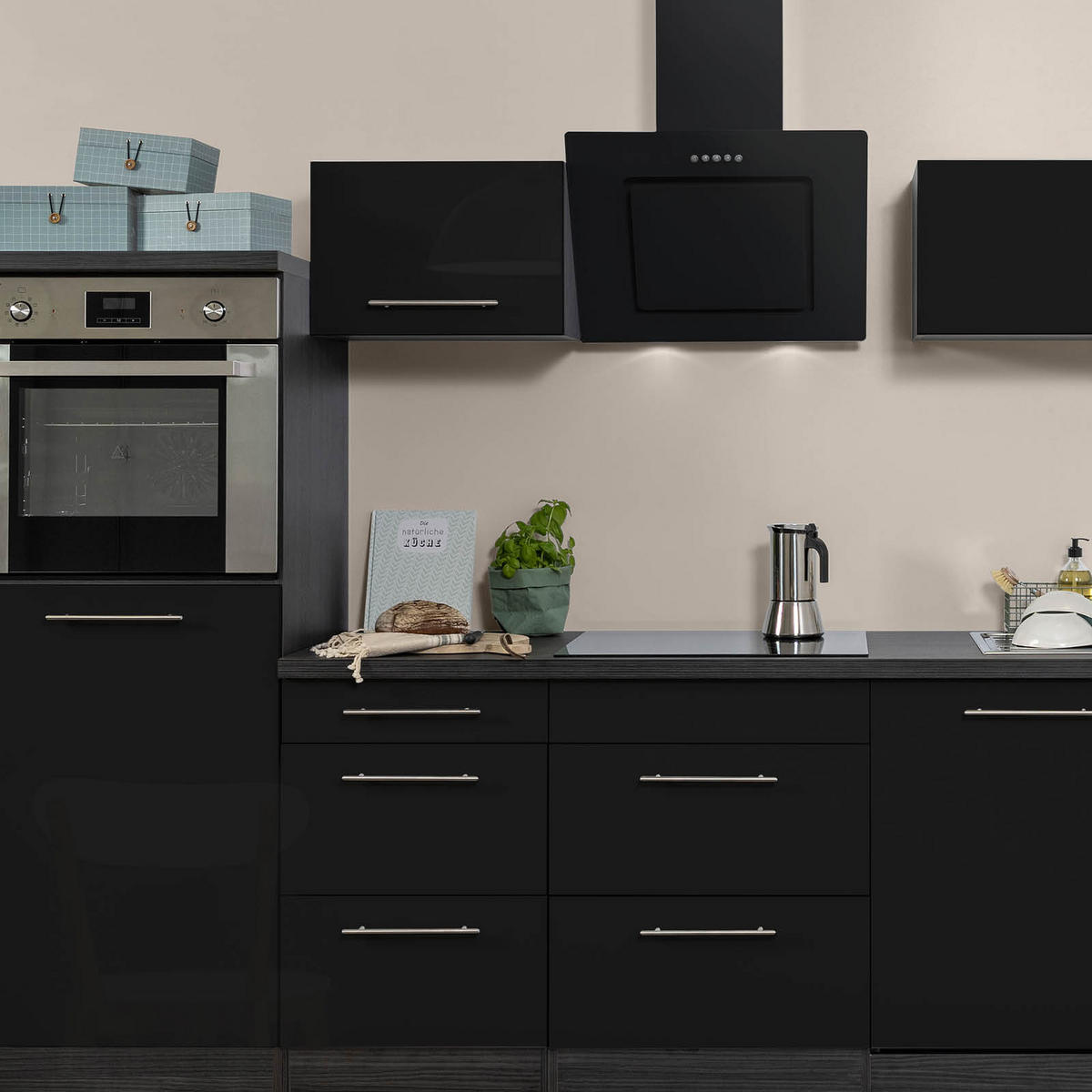KÜCHENBLOCK 280 cm   in Schwarz, Eichefarben  - Edelstahlfarben/Eichefarben, Basics, Holzwerkstoff/Metall (280cm) - Respekta