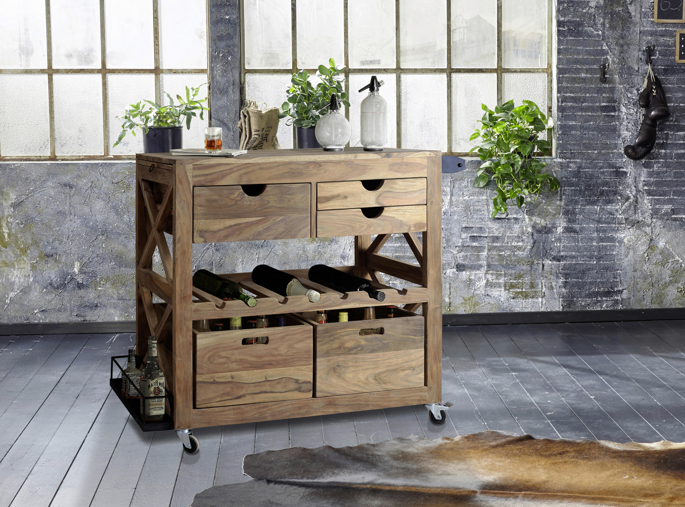 Thumbnail - Livetastic Barwagen, Braun, Holz, Sheesham, massiv, 5 Schublade(n) Schubladen, rechteckig, 43x85x97 cm, Handmade in Indi...