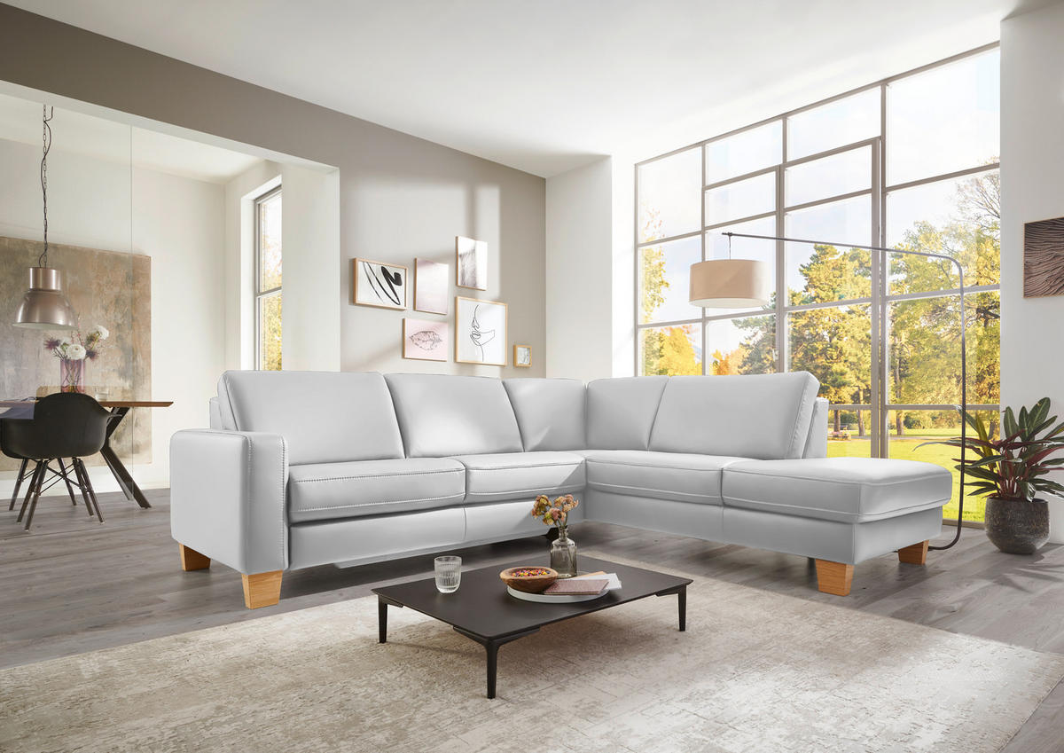 ECKSOFA in Echtleder Weiss  - Eiche Bianco/Weiss, Natur, Leder/Holz (257/235cm) - Valdera