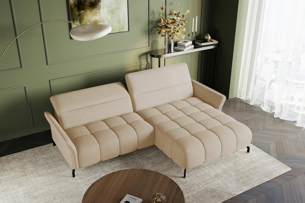 ECKSOFA Beige Flachgewebe Rücken echt, Kopfteilverstellung, Sitztiefenverstellung  - Beige/Schwarz, KONVENTIONELL, Textil/Metall (272/175cm) - Carryhome