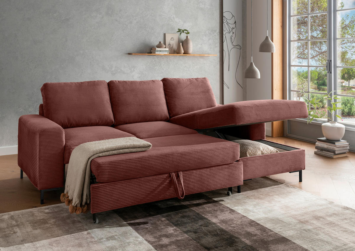 ECKSCHLAFSOFA in Cord Koralle  - Koralle/Schwarz, KONVENTIONELL, Textil/Metall (237/143cm) - Livetastic