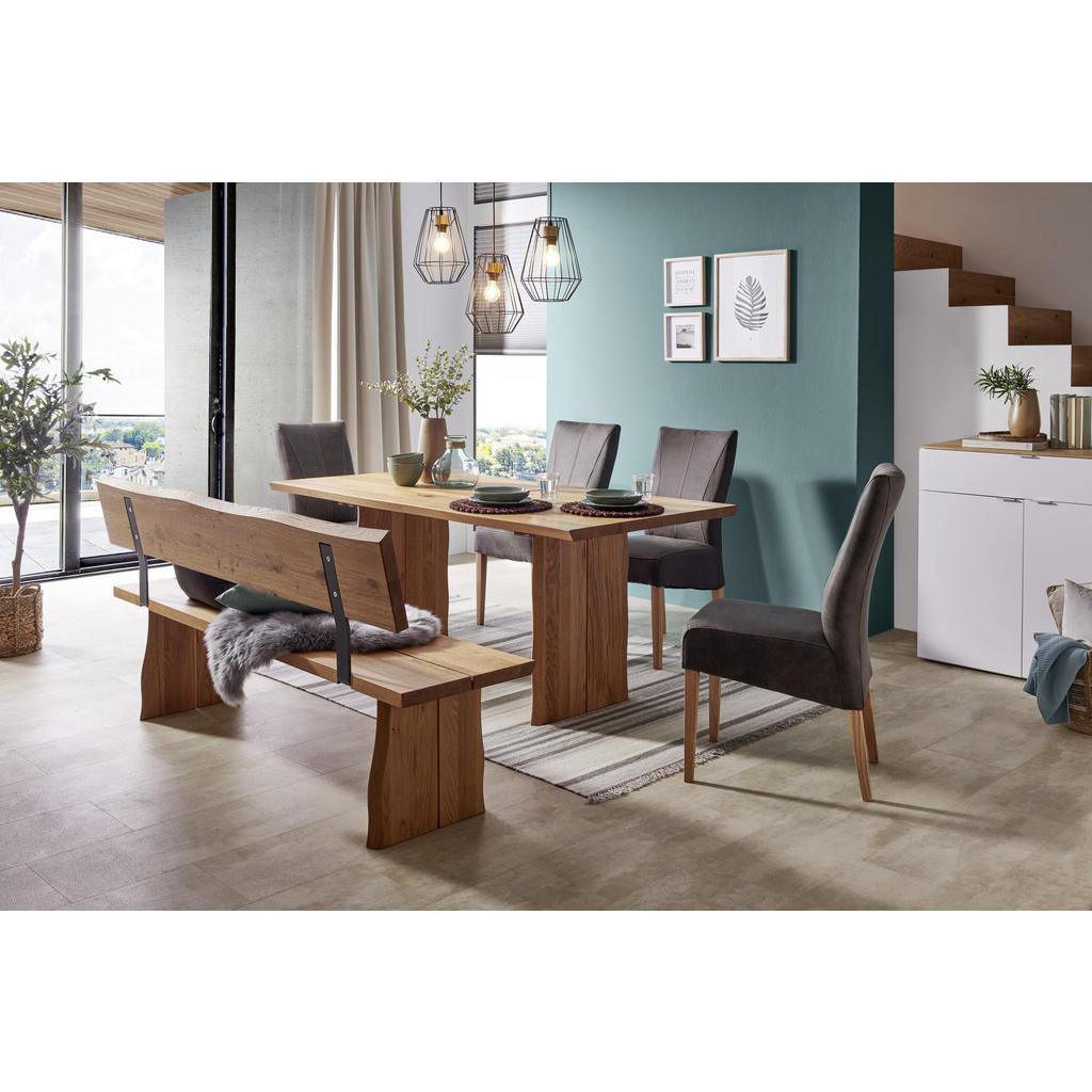 Thumbnail - Linea Natura Sitzbank, Eiche, Holz, Metall, Wildeiche, massiv, 180x87x46 cm, mit Rückenlehne, abwischbar, Esszimmer, Bän...