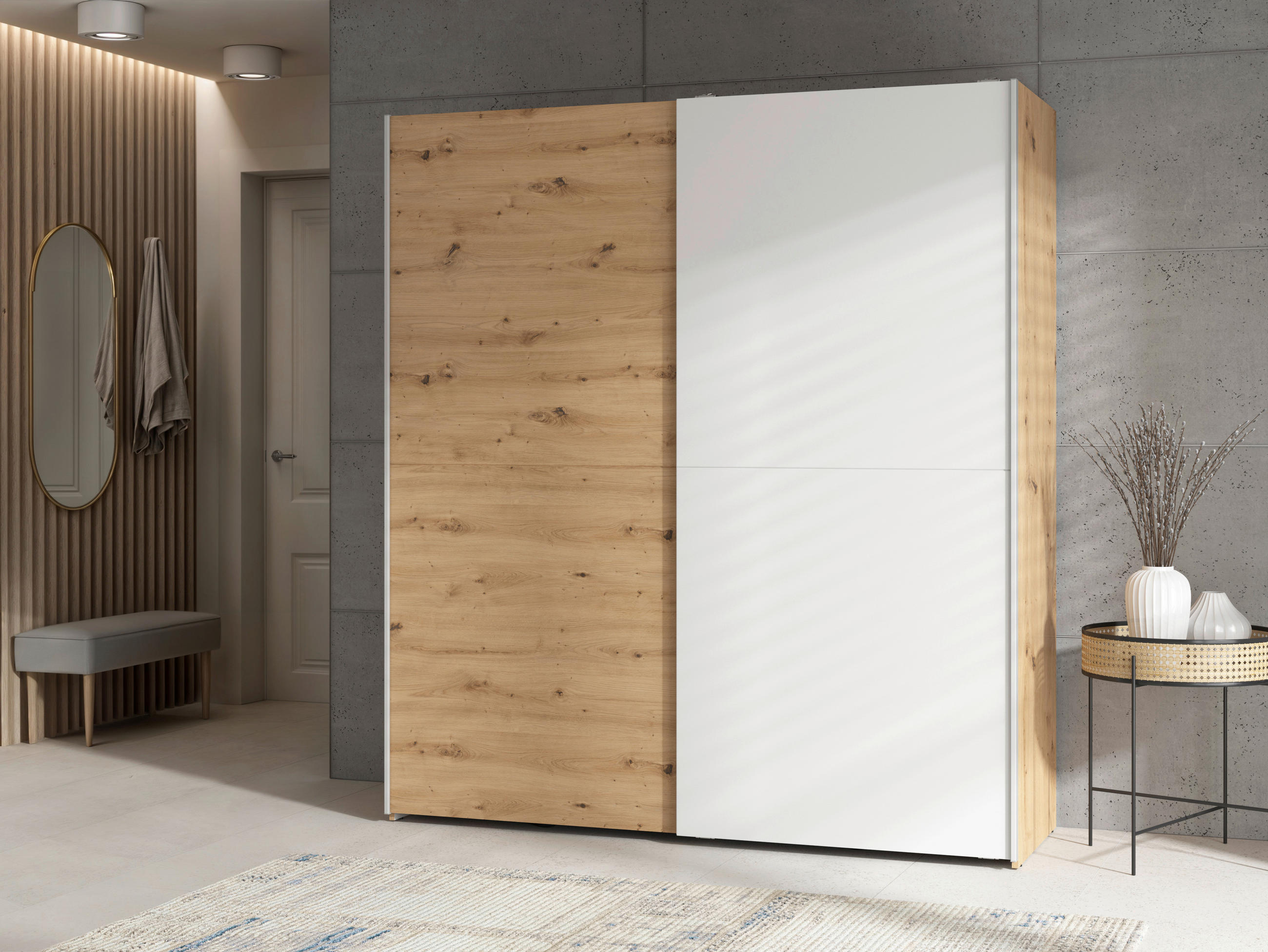 SCHWEBETÜRENSCHRANK 170/191/59 cm 2-türig Weiß, Eichefarben, Eiche Artisan  - Eichefarben/Silberfarben, Basics, Holzwerkstoff/Kunststoff (170/191/59cm) - Boxxx