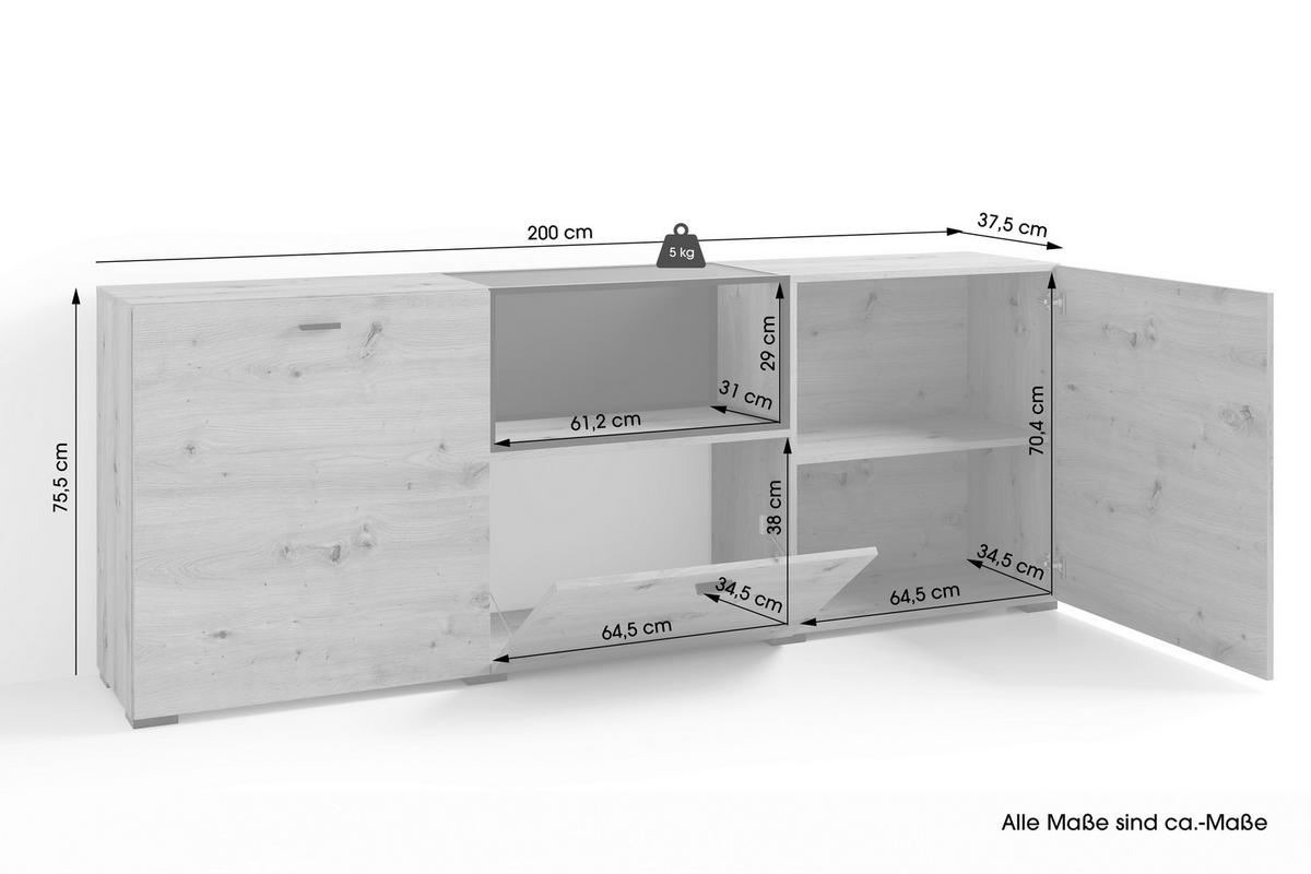 SIDEBOARD  in 200/75,5/37,5 cm  - Schwarz/Eiche Artisan, Design, Holzwerkstoff/Kunststoff (200/75,5/37,5cm) - MID.YOU