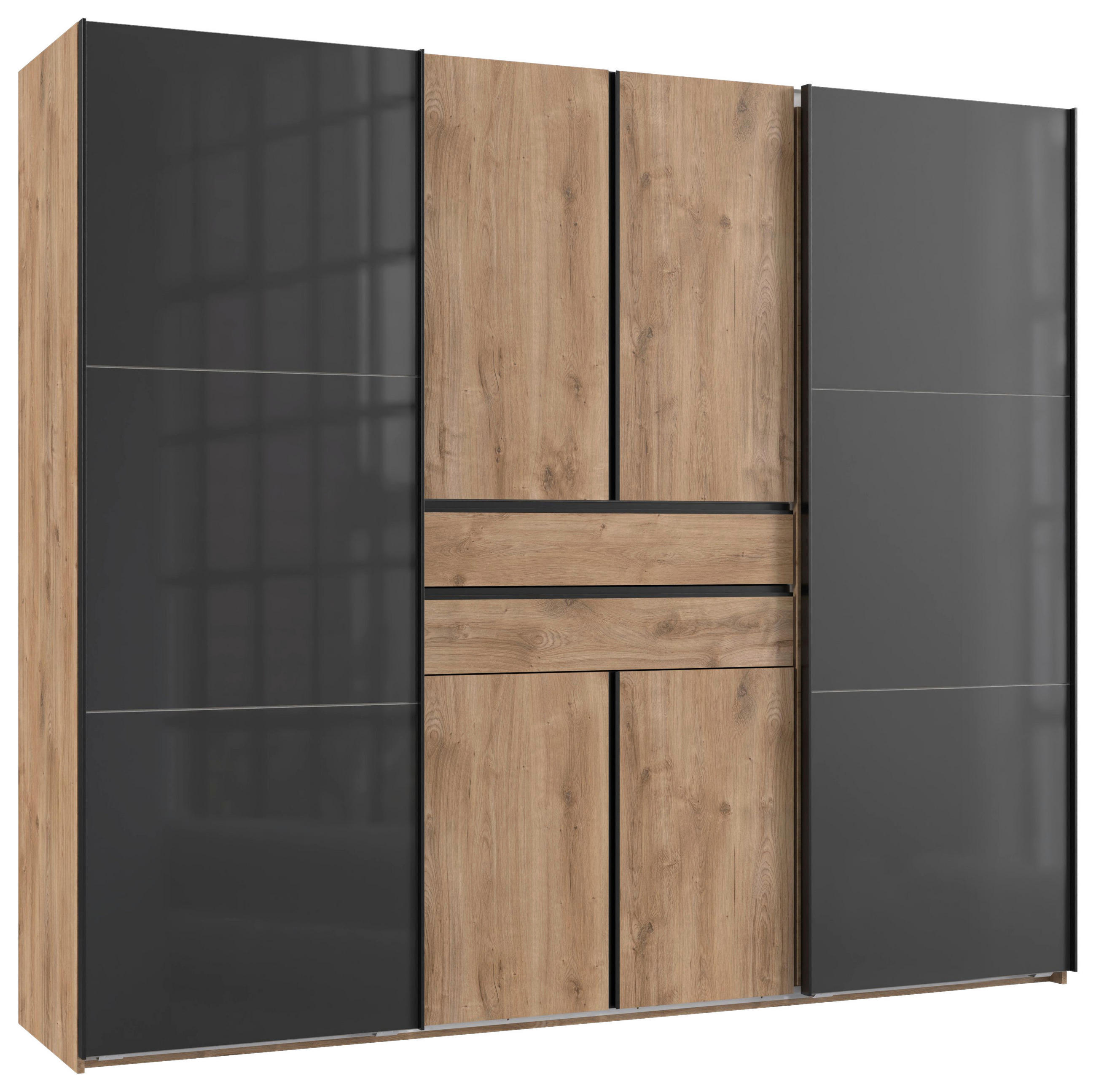 KLEIDERSCHRANK 250/216/65 cm,  in Grau, Plankeneiche, 6-türig  - Plankeneiche/Schwarz, Design, Glas/Holzwerkstoff (250/216/65cm) - Stylife