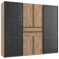 KLEIDERSCHRANK 250/216/65 cm,  in Grau, Plankeneiche, 6-türig  - Plankeneiche/Schwarz, Design, Glas/Holzwerkstoff (250/216/65cm) - Stylife