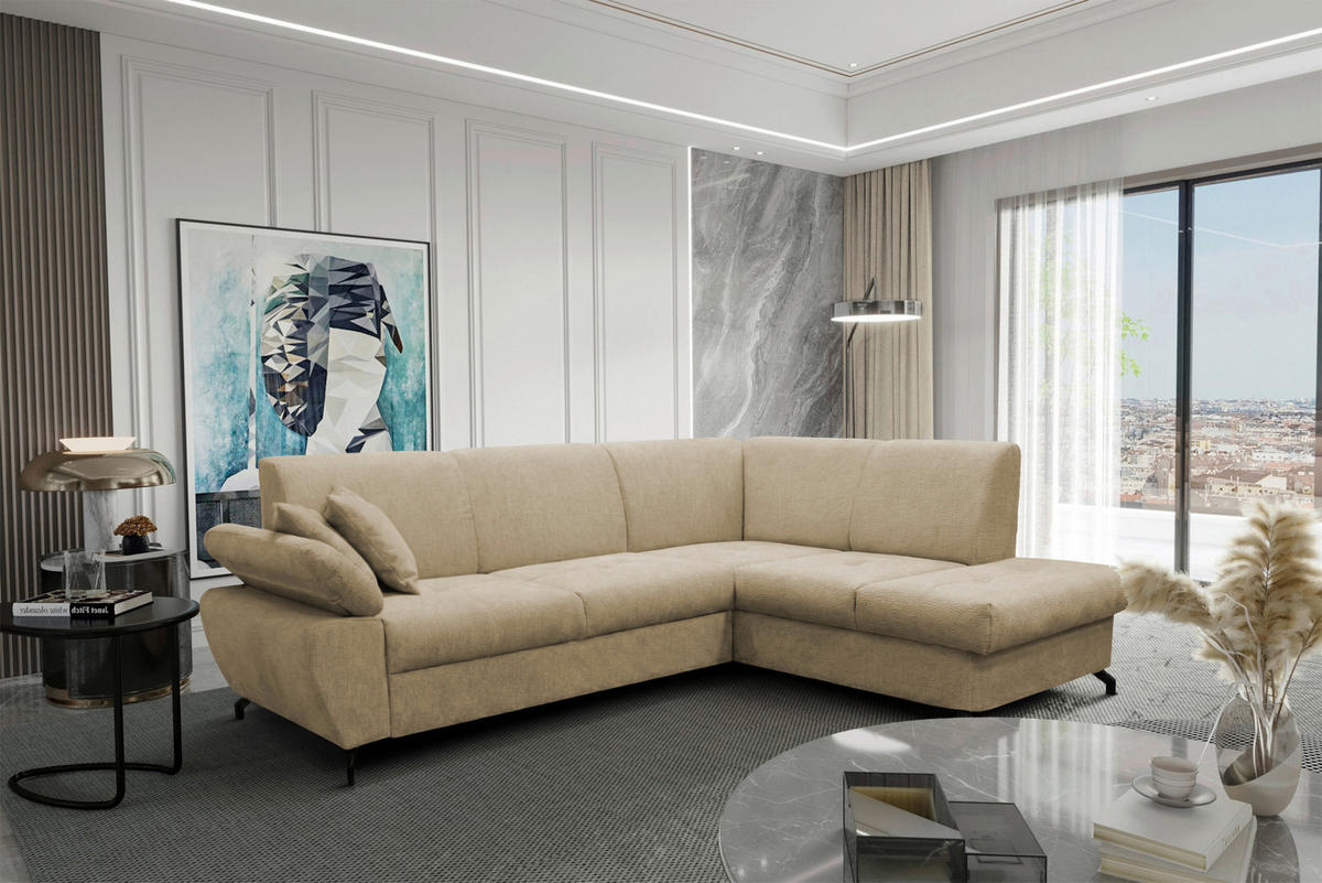 ECKSOFA CORA in Chenille Beige  261/198 cm  - Beige/Schwarz, Design, Textil/Metall (261/198cm) - MID.YOU