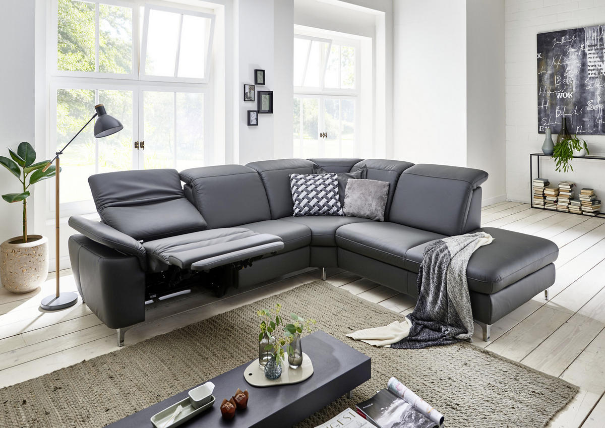 ECKSOFA Anthrazit Echtleder  - Chromfarben/Anthrazit, KONVENTIONELL, Leder/Metall (292/242cm) - Cantus