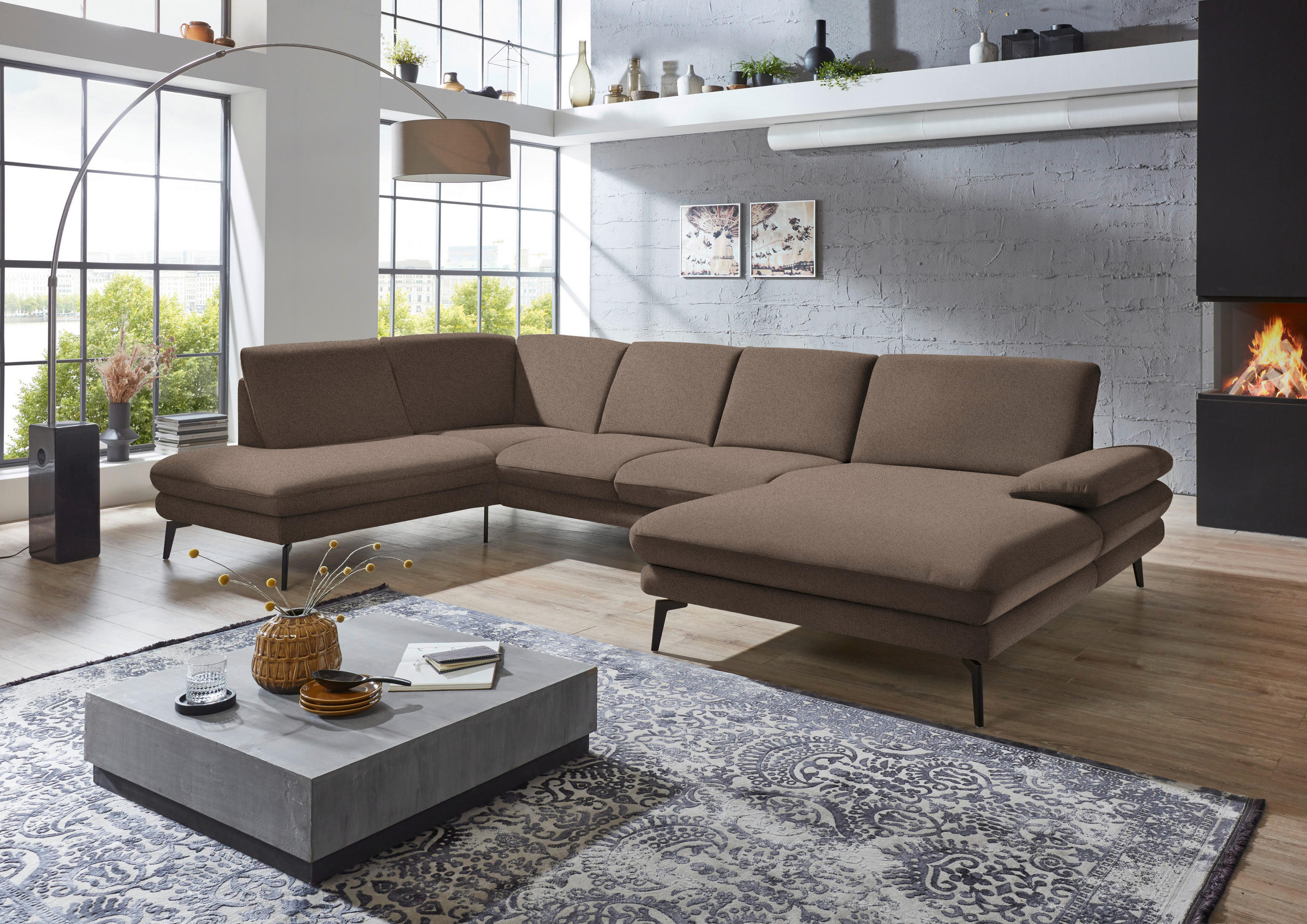 WOHNLANDSCHAFT Braun Webstoff  - Schwarz/Braun, Design, Textil/Metall (208/344/180cm) - Dieter Knoll
