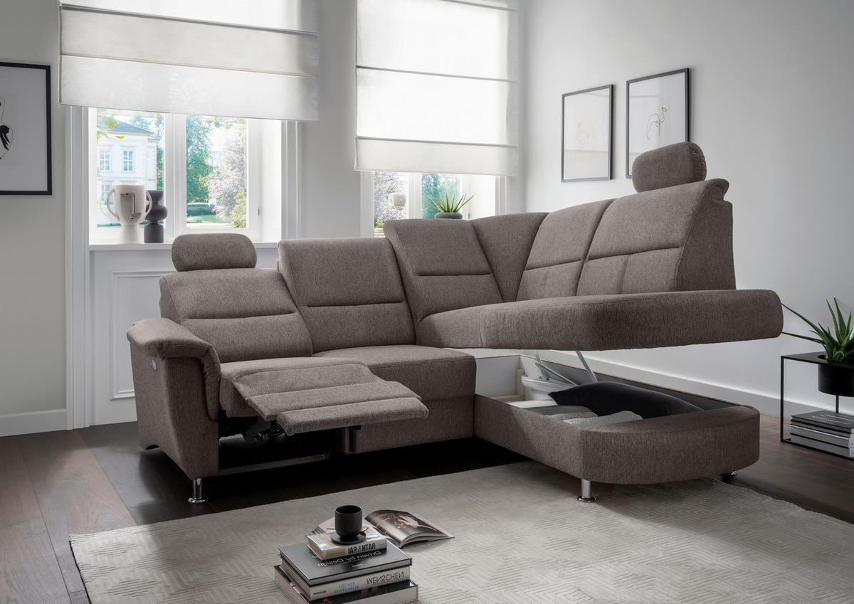 ECKSOFA Graubraun Chenille  - Chromfarben/Graubraun, KONVENTIONELL, Textil/Metall (231/184cm) - Livetastic
