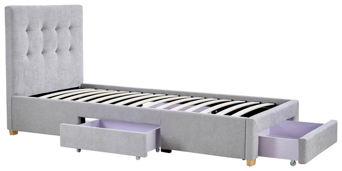 POLSTERBETT 90/200 cm, inkl. gepolstertes Kopfteil, Lattenrost, Bettschubladen,  in Hellgrau  - Hellgrau/Naturfarben, Design, Holz/Textil (90/200cm) - Boxxx