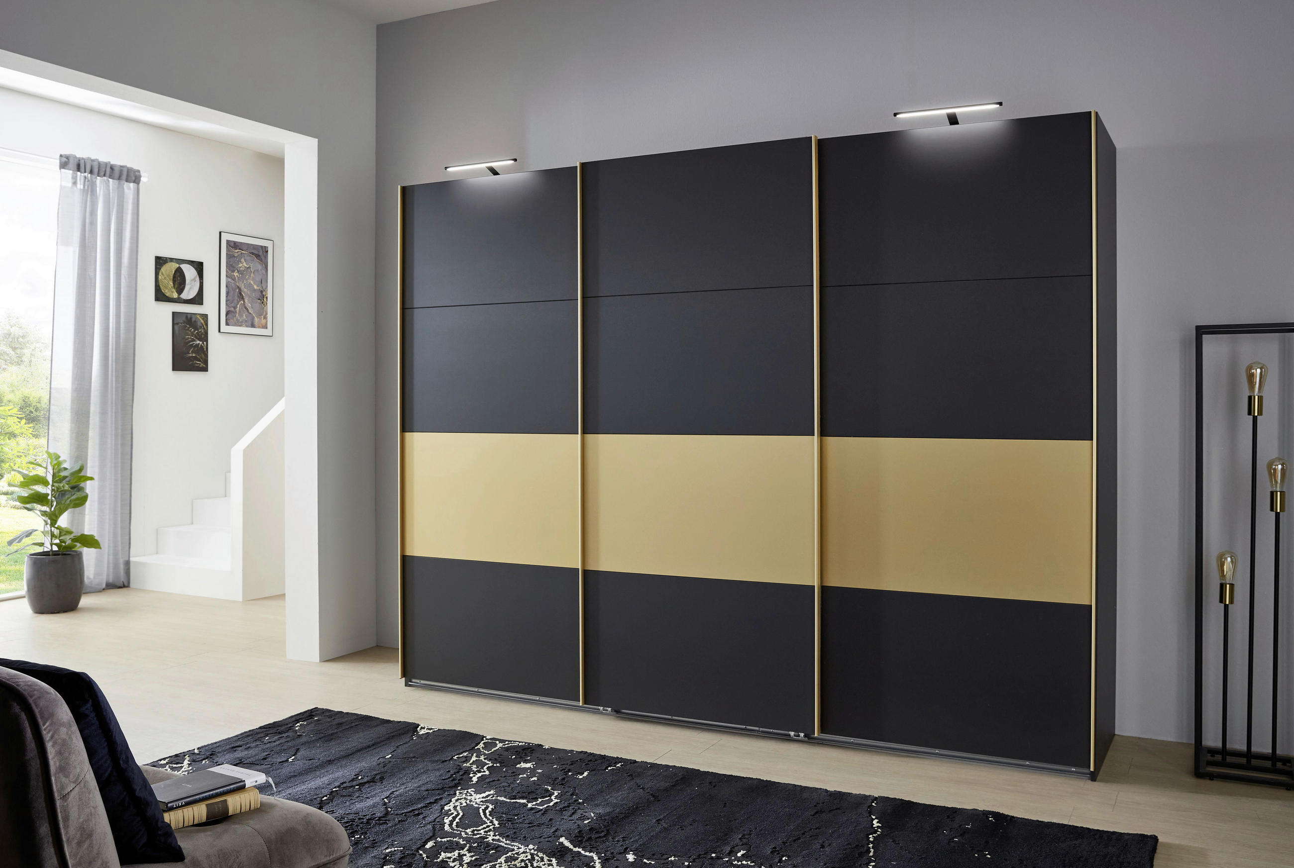 SCHWEBETÜRENSCHRANK in Graphitfarben, Goldfarben  - Goldfarben/Graphitfarben, Lifestyle, Holzwerkstoff/Metall (270/208/65cm) - Boxxx