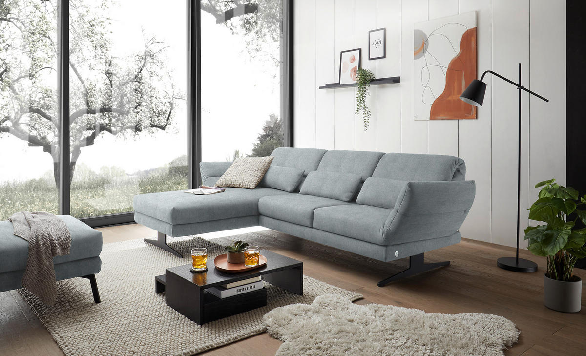 ECKSOFA in Flachgewebe Hellblau  - Schwarz/Hellblau, Design, Textil/Metall (176-217/279-327cm) - Dieter Knoll