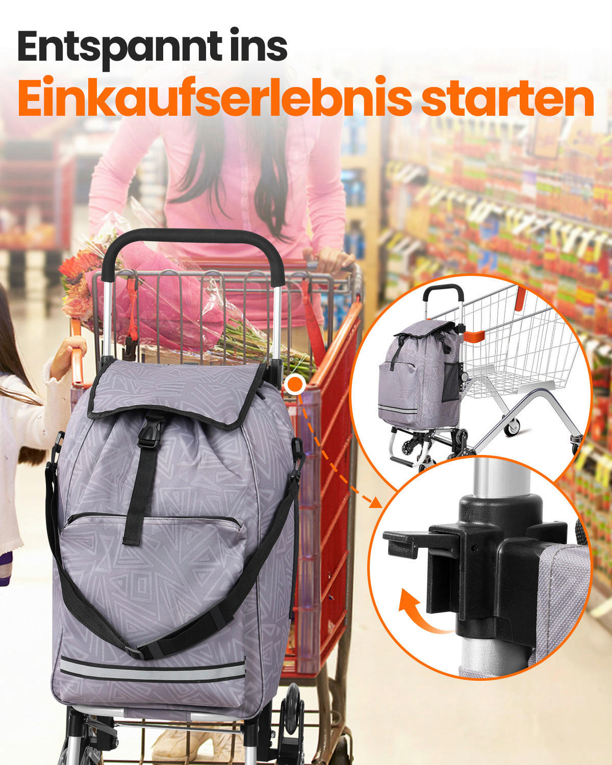 EINKAUFSTROLLEY  - Silberfarben/Hellgrau, Trend, Textil/Metall (41/97/44cm) - Milino