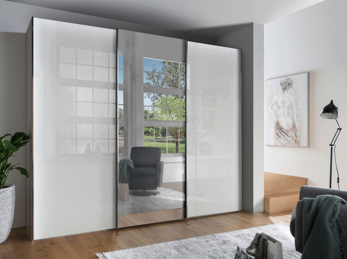 SCHWEBETÜRENSCHRANK in Grau, Weiss  - Chromfarben/Weiss, Konventionell, Glas/Holzwerkstoff (250/236/67cm) - Dieter Knoll