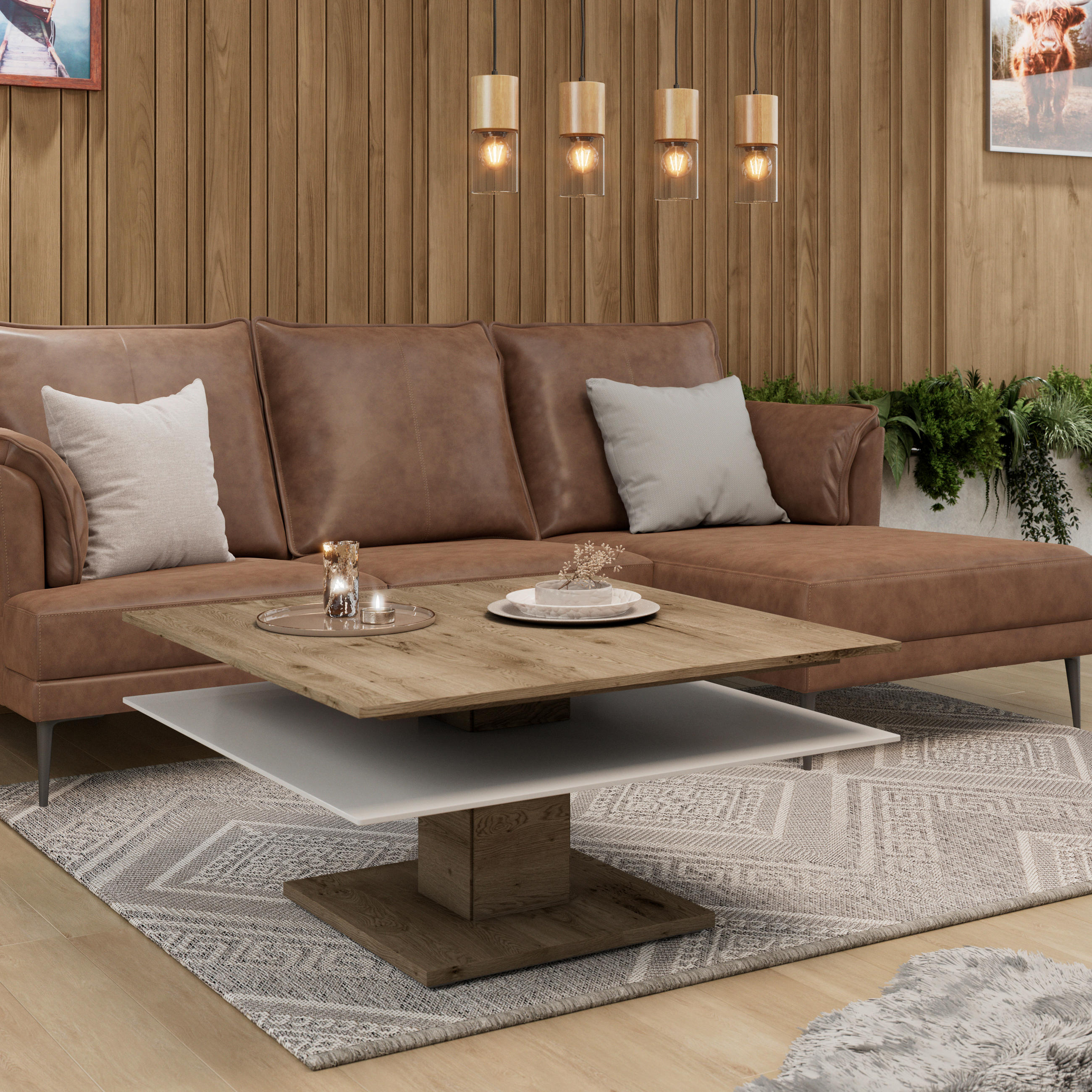 COUCHTISCH Altholz, Eiche massiv Farbglas 90/90/46 cm quadratisch Weiß, Eichefarben  - Eichefarben/Weiß, Design, Glas/Holz (90/90/46cm) - Voglauer