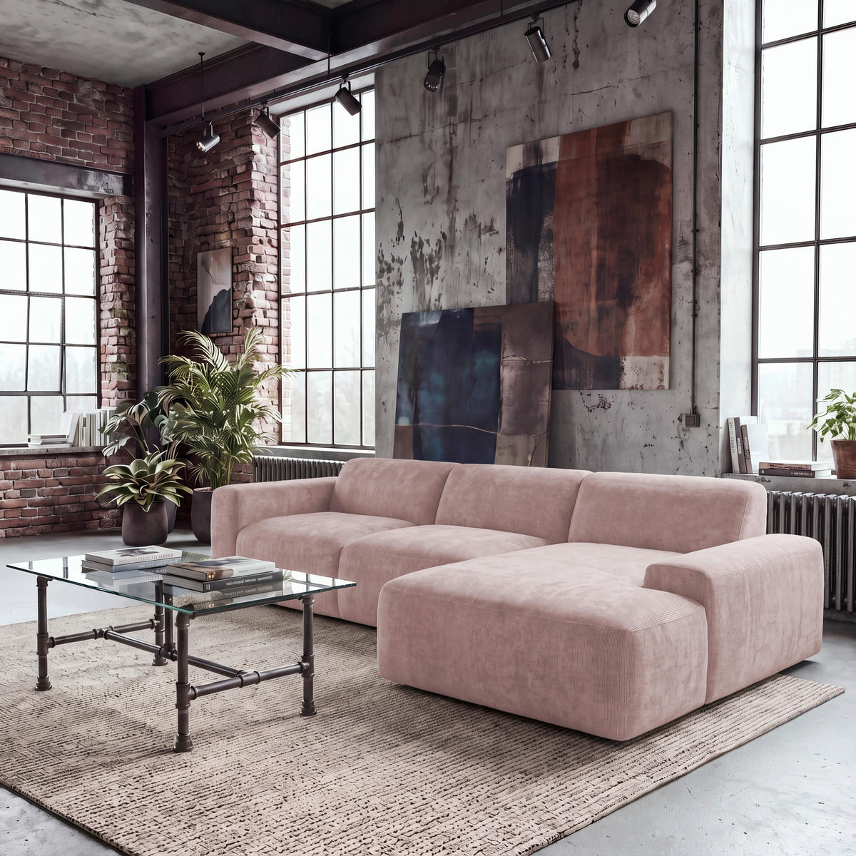 ECKSOFA HANNAH Rosa Cord  - Schwarz/Rosa, Design, Kunststoff/Textil (343/170cm) - MID.YOU