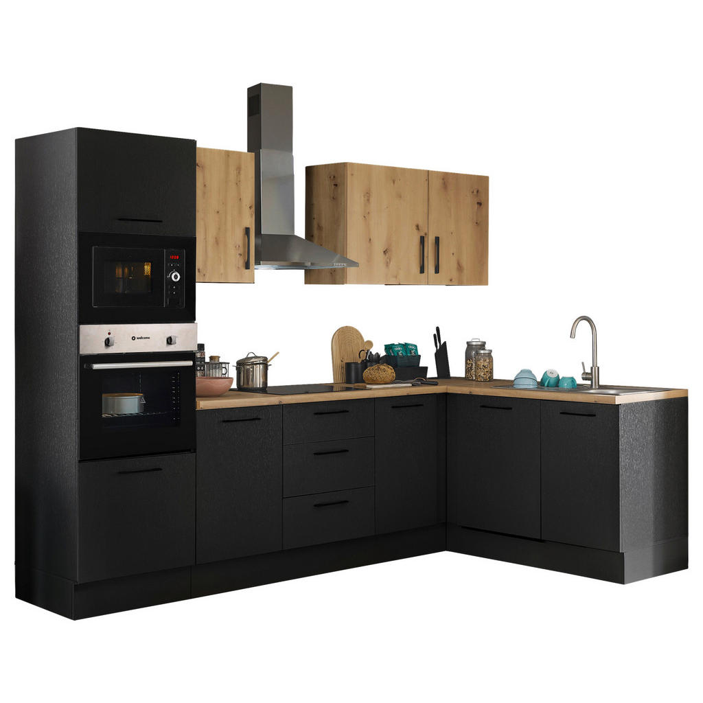 Thumbnail - Mid.you Eckküche, Schwarz, Eiche Artisan, Metall, 3 Schubladen, seitenverkehrt montierbar, L-Form, nur wie online abgebi...