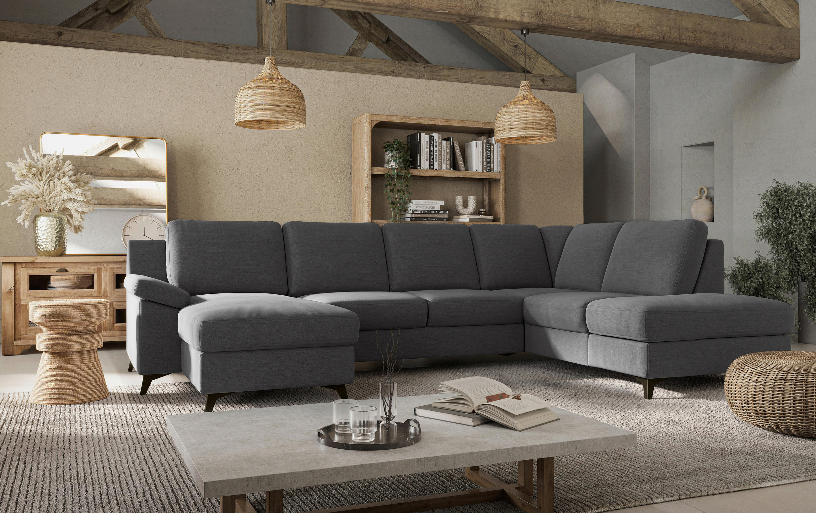 WOHNLANDSCHAFT Dunkelgrau Flachgewebe  - Dunkelgrau/Schwarz, KONVENTIONELL, Textil/Metall (156/309/204cm) - Cotta