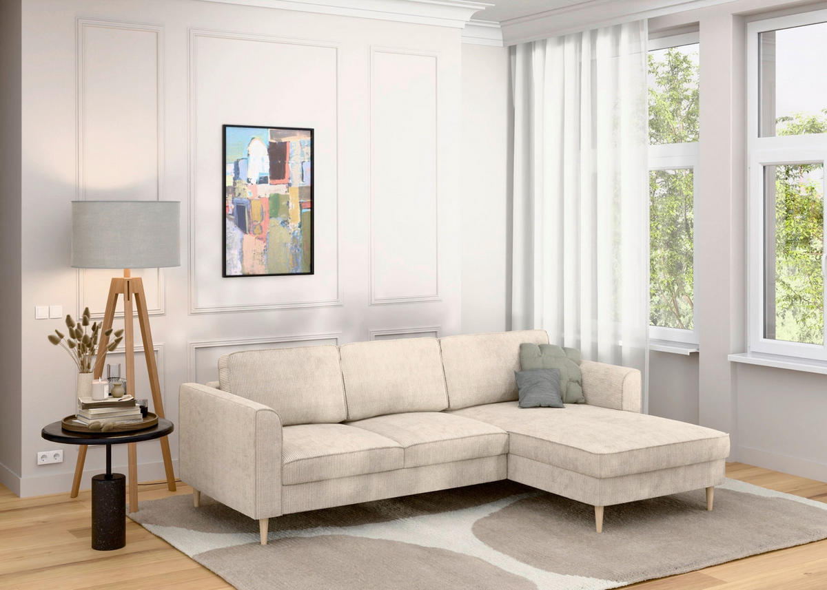 ECKSOFA Creme Cord  - Buchefarben/Creme, MODERN, Holz/Textil (232/161cm) - Trendmanufaktur