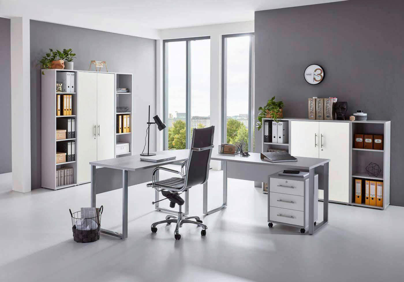 BÜRO erweiterbar, in verschiedenen Holz-Dekoren erhältlich, Schreibtisch seitenverkehrt montierbar, abschließbar Grau, Weiß - Weiß/Grau, MODERN, Holzwerkstoff - MID.YOU