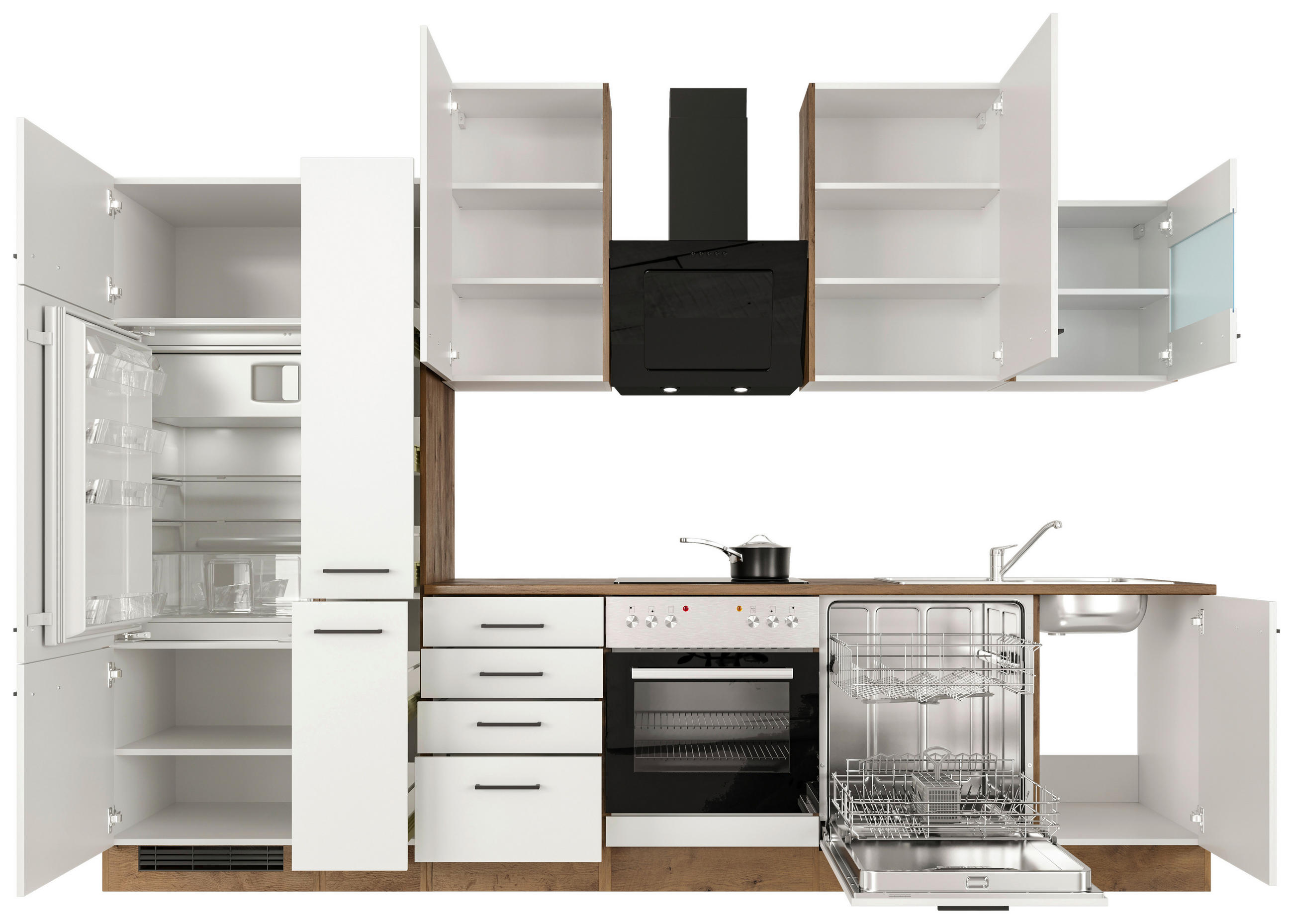 KÜCHENBLOCK 310 cm in Eichefarben, Magnolie - Eichefarben/Magnolie, MODERN, Holzwerkstoff/Metall (310cm) - FlexWell