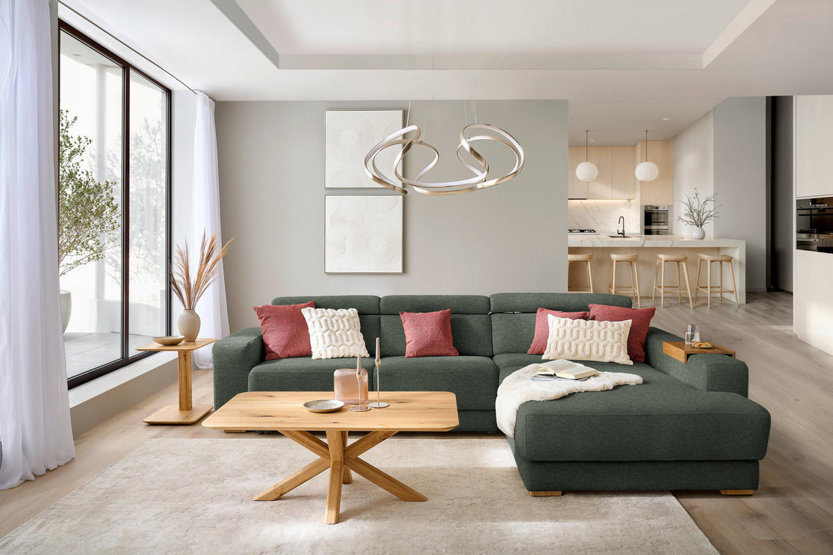 ECKSOFA  in Chenille Dunkelgrün  316/206 cm  - Dunkelgrün/Eichefarben, Design, Textil (316/206cm) - Sedda