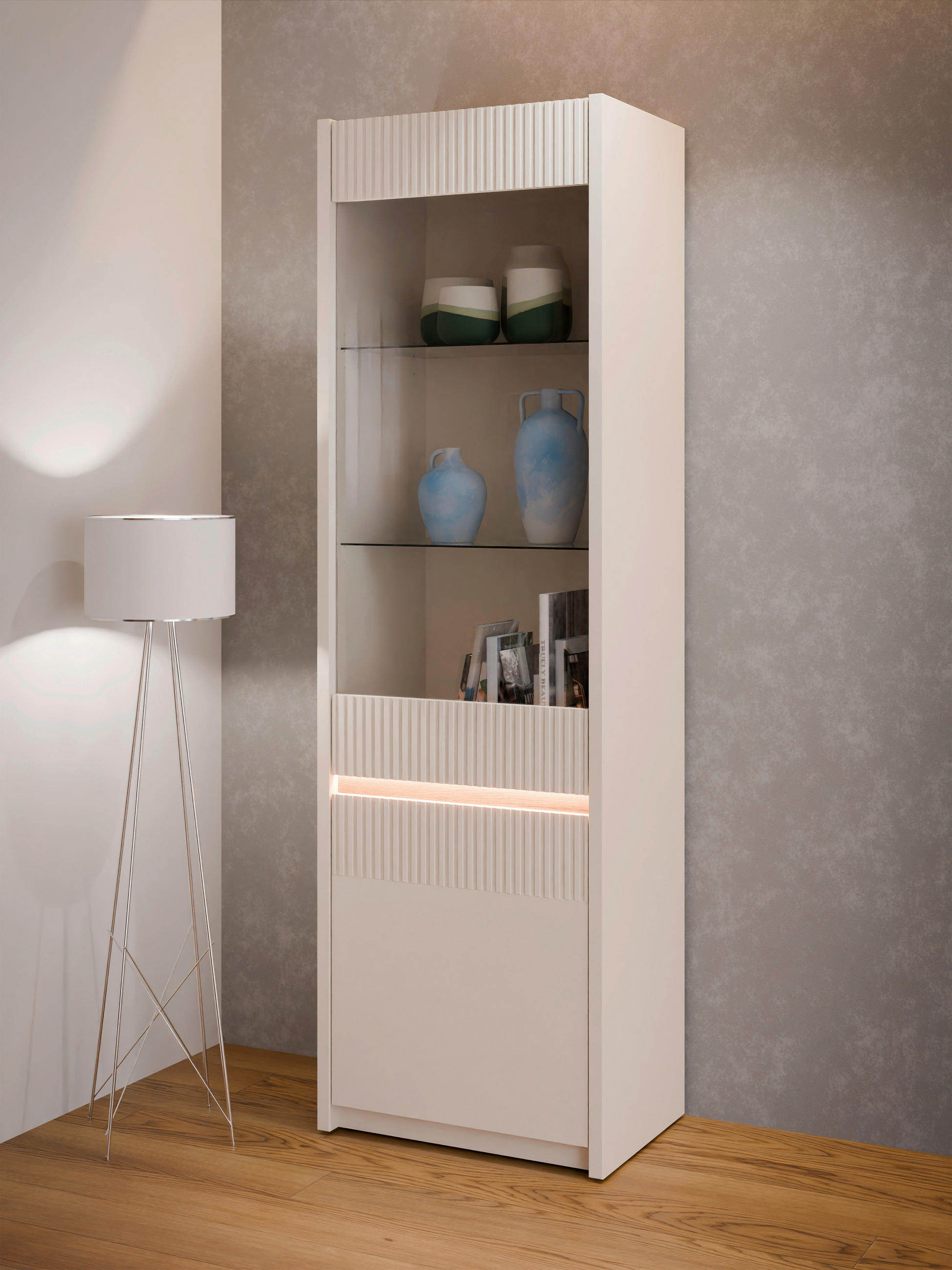 VITRINA, barve hrasta, peščene barve - barve hrasta/peščene barve, Design, steklo/leseni material (60,6/197,9/41,7cm) - Hom`in