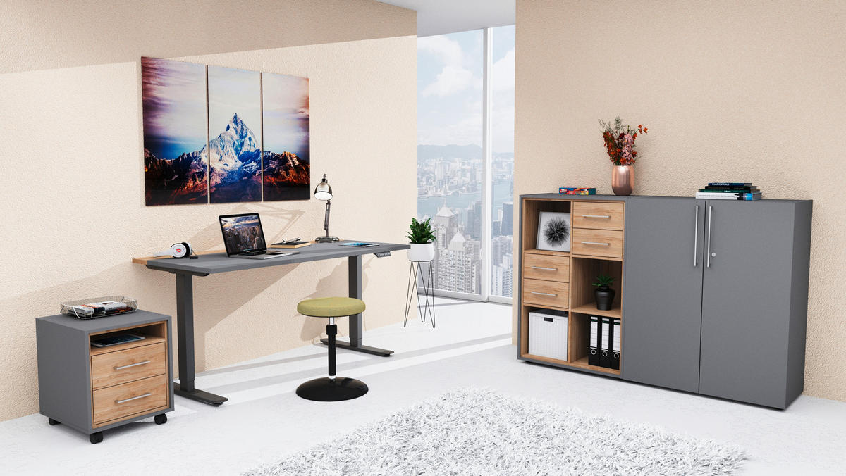 SCHREIBTISCH 160/75/72-122 cm  in Grau, Hickory  - Anthrazit/Grau, MODERN, Holzwerkstoff/Metall (160/75/72-122cm) - Novel