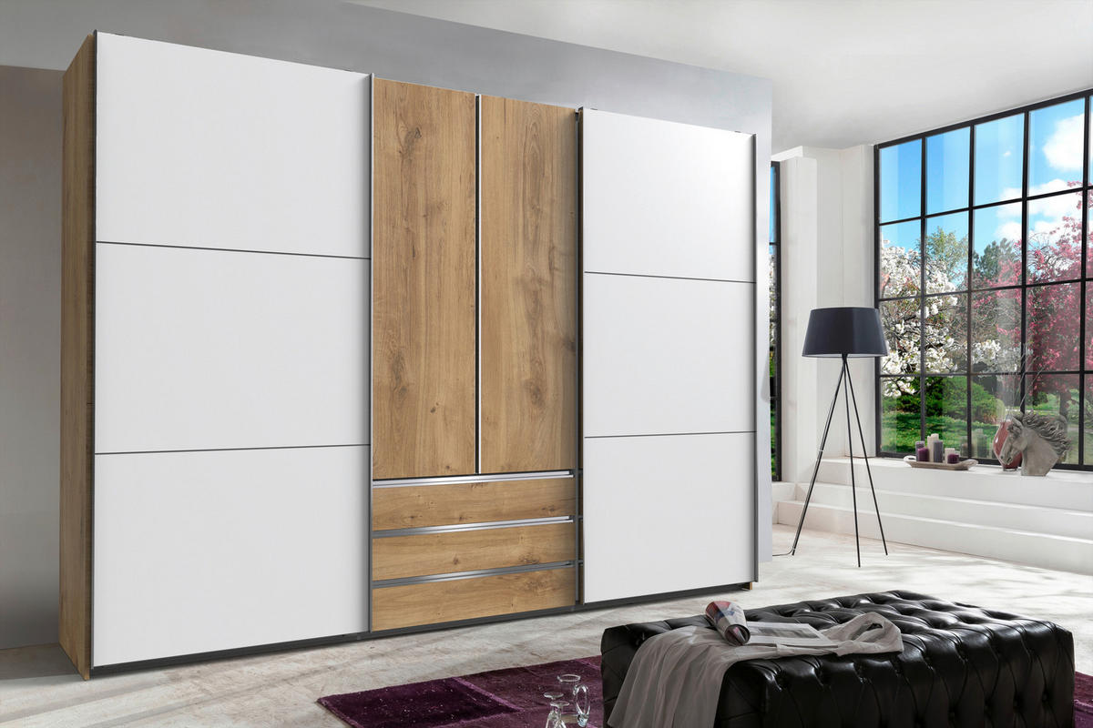 SCHWEBETÜRENSCHRANK in Weiss, Eichefarben  - Chromfarben/Weiss, Modern, Holzwerkstoff/Metall (300/216/65cm) - MID.YOU