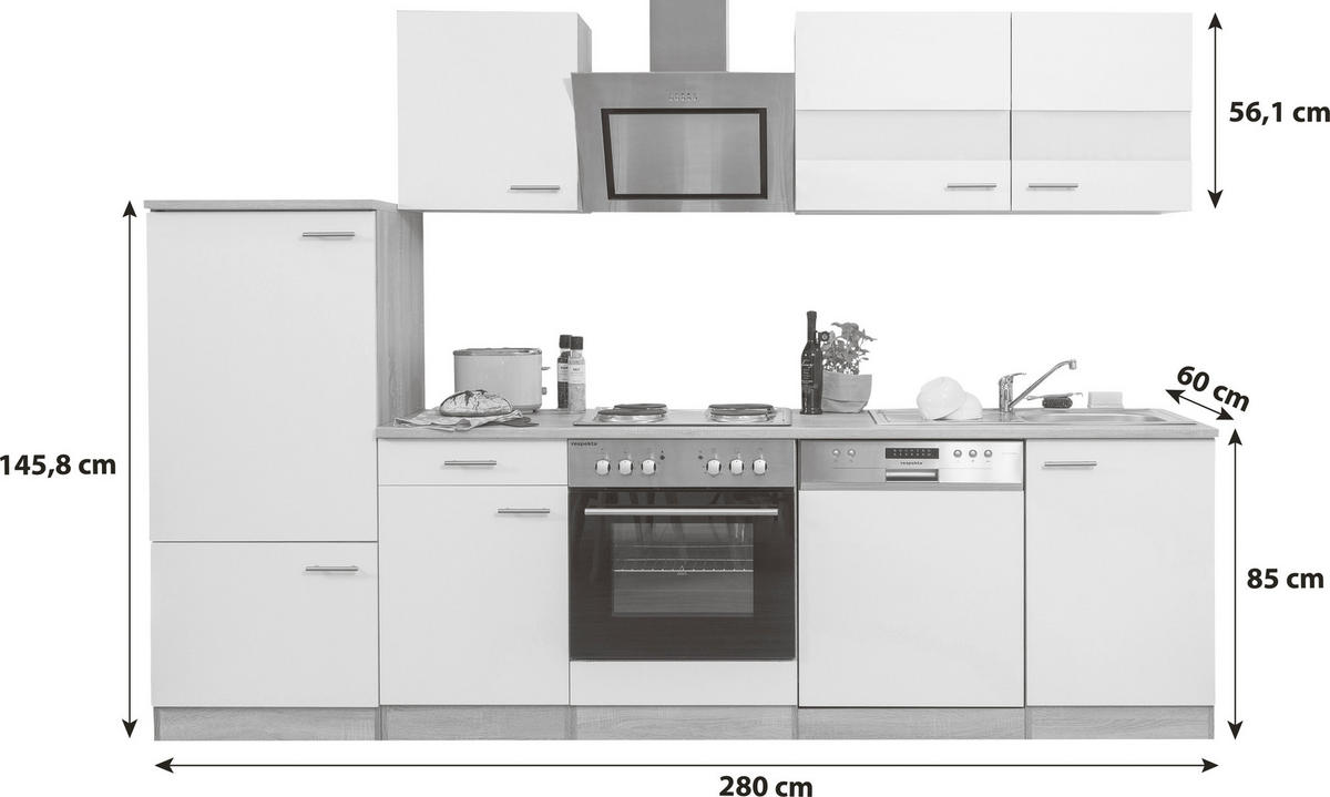KÜCHENBLOCK 280 cm   in Schwarz  - Edelstahlfarben/Eichefarben, Basics, Holzwerkstoff/Metall (280cm) - Respekta