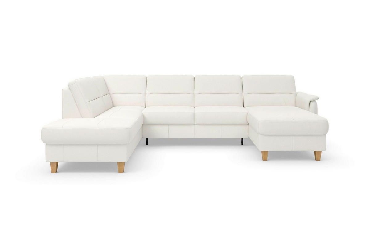 WOHNLANDSCHAFT PALMERA E in Mikrofaser Kombination Echtleder/Stoff Weiß  - Eichefarben/Weiß, Basics, Leder/Holz (212/308/163cm) - Sit & More